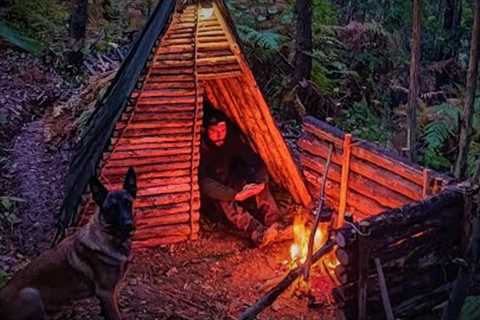 Bushcraft Shelter Camping in a THUNDER STORM - Forest Camp, Survival Skills, DIY, ASMR