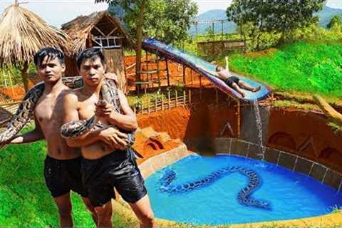 Primitive Survival 4K Video - Build PYTHON House &amp; Water Slide Swimming Pool Underground House
