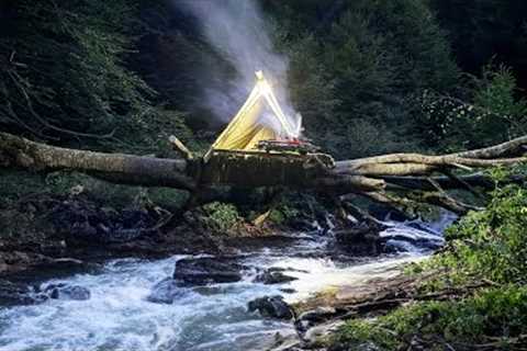 3 Days in foggy valley , build survival shelter on the tree , wild cooking