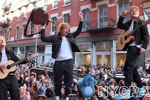 Ed Sheeran gives surprise performance from atop parked car on SoHo streetin new york city