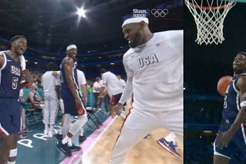 LeBron James having fun with Anthony Edwards after windmill dunk vs Puerto Rico 😂