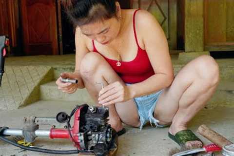 Genius girl repairs and restores lawn mowers