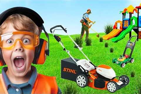 Boys start the Lawnmower Weed Eater leaf blower hedge trimmer | BLiPPi toy for toddler #lawn #blippi