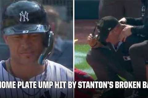 Umpire carted off after being hit by Giancarlo Stanton's broken bat | ESPN MLB
