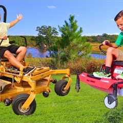 Mowing lawn with kids zero turn mower, riding mower, push lawnmower and weed whacker | Super Krew