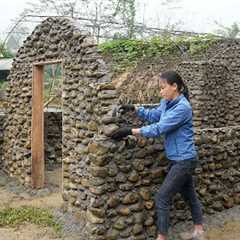 TIMELAPSE: START to FINISH Alone Building Stone House - BUILD LOG CABIN with many stone