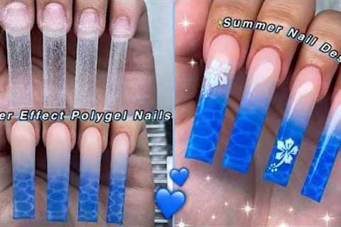 WATER EFFECT POLYGEL NAILS💙 EASY WATER EFFECT NAIL ART & SUMMER NAIL DESIGN! | Nail Tutorial