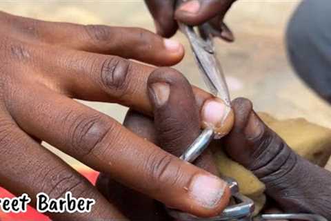ASMR  NAIL SCISSORS CLEAN SHAVED BY A STREET BARBER. LOCAL STREET PEDICURE 😱😳