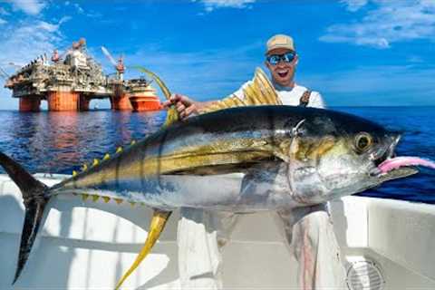 Monster Yellowfin Tuna Under Massive Oil Rig! Catch Clean &amp; Cook (NLBN Lure Tuna Fishing)