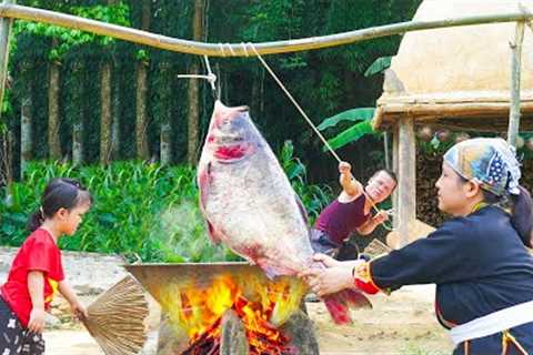 Dwarf Family Catches Giant Fish In The Wild | Cooking Fish In Giant Pan And Renovate The Garden