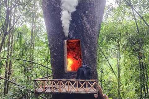 Survival with primitive skills, building Bushcraft shelter in the giant trees