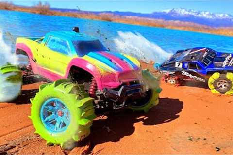 RC CAR CUSTOM SAND TIRES DRIVE ON WATER CHALLENGE!