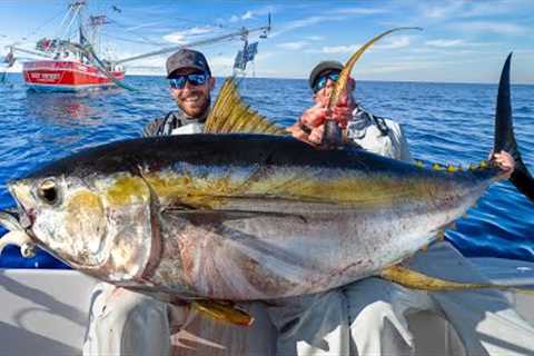 Giant Yellowfin Tuna Under Shrimp Boats! Catch Clean &amp; Cook (NLBN Lure Tuna Fishing)
