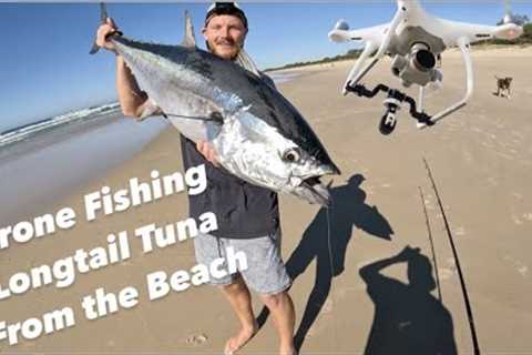 BIG TUNA caught from the beach drone fishing