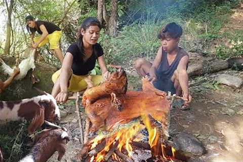 Lucky day! Found goat in forest for jungle food,  Cooking goat So delicious food for dinner