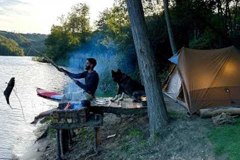 3 DAYS solo survival CAMPING; Catch and Cook, Primitive Fishing. Bushcraft Skills. Tent Shelter