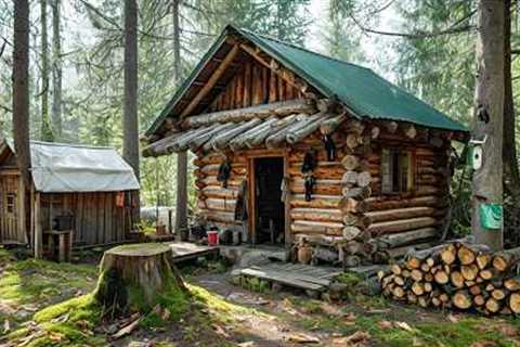 Living in the Wilderness Off Grid. Build Log Cabin in the Woods