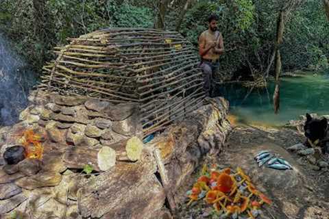 3 DAYS solo survival CAMPING. CATCH and COOK, Fishing. Big MUSHROOM. Building BUSHCRAFT SHELTER