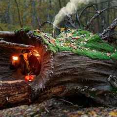 Building a Warm and Cozy Hollow for Survival, in the root of a fallen spruce. Secret cave, Bushcraft