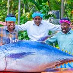 200 Pounds BIG TUNA FISH | Tuna Fish Cutting and Cooking in Village | Tuna Fish Steak Recipe