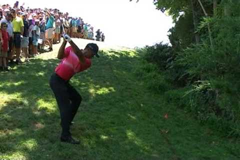 Tiger Woods’ spectacular recovery shot on No. 12 at Quicken Loans