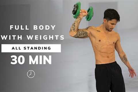 30 Min FULL BODY DUMBBELL Workout - ALL STANDING - Strength Training At Home