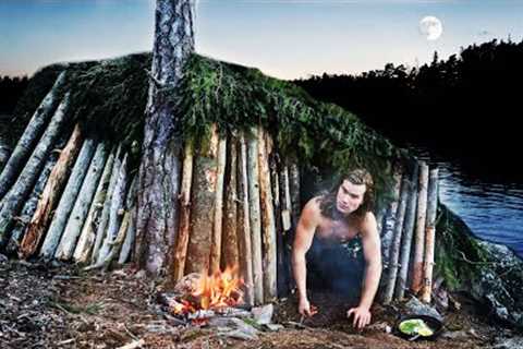 Building a Primitive LOG SHELTER: 3 Day Island Survival Camping