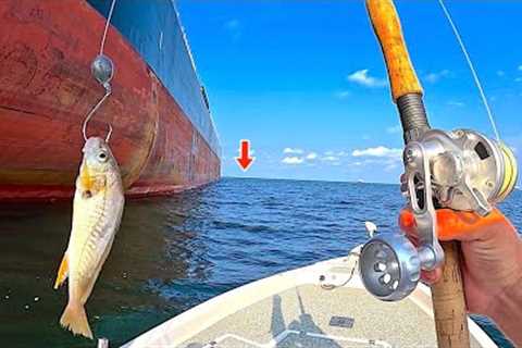 Fishing a LIVE! CROAKER under this FREIGHTER Ship in the GULF of MEXICO!