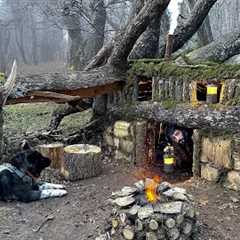 Building a Secret Dugout UNDER a Fallen TREE; 3 Days SOLO SURVIVAL CAMPING In RAIN. Bushcraft Cabin