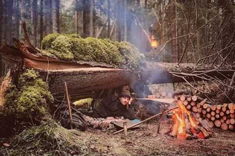 Bushcraft in a cold winter forest. Build Primitive shelter for survival. Survival skills in the wild