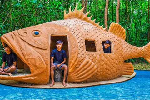 Build Fish House And Swimming pool for Survival Shelter in Jungle