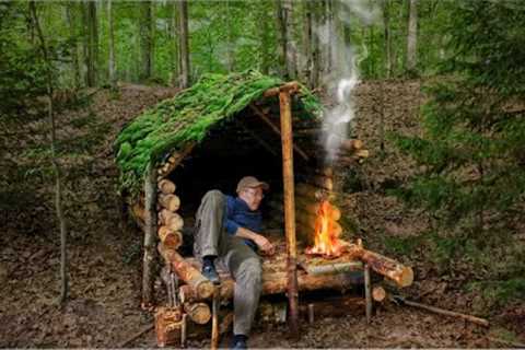 A Cozy Log Cabin for Survival: Bushcraft Shelter Build with Fence, Chairs, and Table Near Water