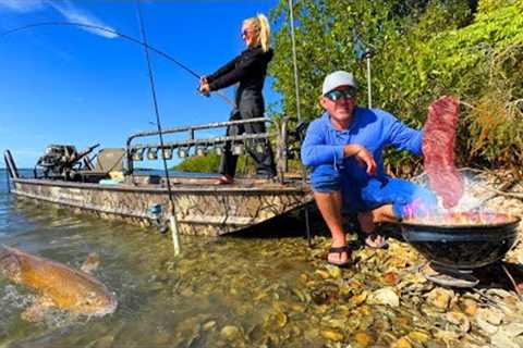 Rare Wild Hogs on a Remote Island - Redfish, Snapper, Puffers and Steak! (Catch & Cook)