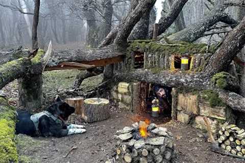 Building a Secret Dugout UNDER a Fallen TREE; 3 Days SOLO SURVIVAL CAMPING In RAIN. Bushcraft Cabin