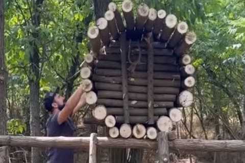 Building a Barrel hut for Survival in the woods - Survival skills