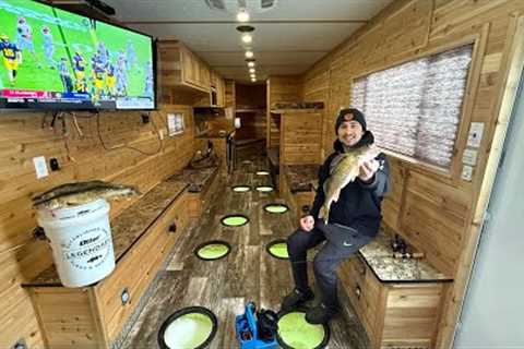 Luxury Ice Camping in a Giant Fish House! (Catch and Cook)