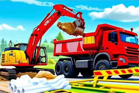 Cracked water pipe - Excavator, Dump Truck, Bulldozer - Water pipe Repair | 3D Construction Building