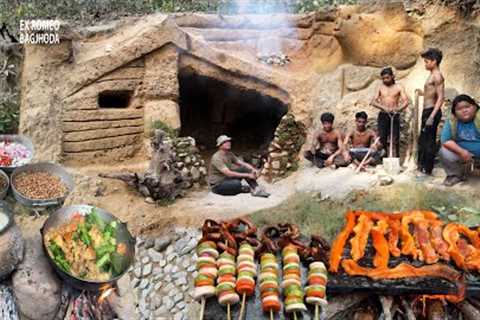 Survival House Building in Jungle Pig Head House Warm Shelter Build Cooking Pork Stone and Pork Rice