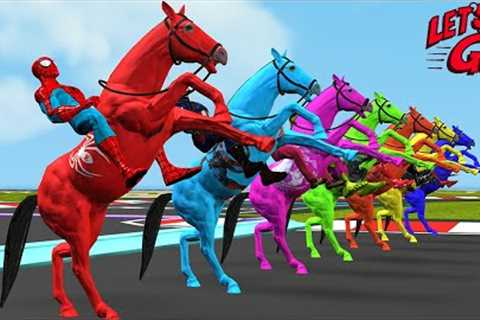 Spider-Man horse racing overcomes exciting challenges vs hulk vs iron man | Game GTA 5 superheroes