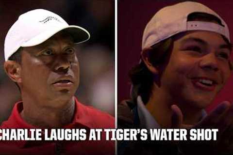 Charlie Woods laughs as Tiger hits a shot into the water | TGL on ESPN