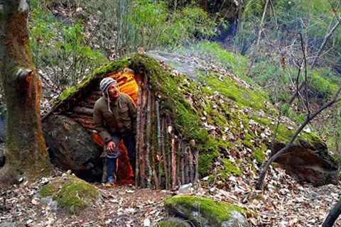 Build a Hidden Cozy and Warm Bushcraft Survival Shelter with fireplace, Winter Survival Camping