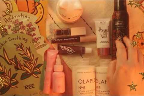 ASMR Skincare + Makeup Haul, Unboxing + Swatching (whispering, tapping, crinkling, packaging sounds)