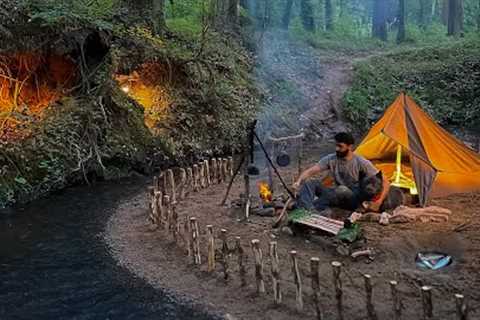 7 DAYS solo survival CAMPING; Catch and Cook, Primitive Fishing. Bushcraft Tarp Shelter