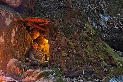 I Built a Hidden Bushcraft Cave Shelter for winter survival