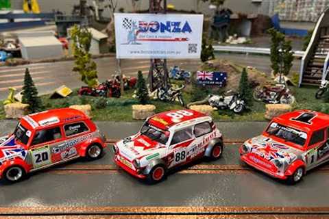 BRM slot cars mini coopers 1/24 scale. Available at Bonza Hobbies https://bonzaslotcars.com.au/