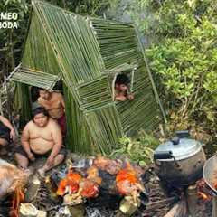 Building Primitive Beautiful Wild Bamboo House in Jungle Modern Survival Bushcraft Cooking Chicken