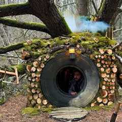 Building a Secret Shelter in UNDER a Large FALLEN TREE. Survival Skills. Bushcraft Camping