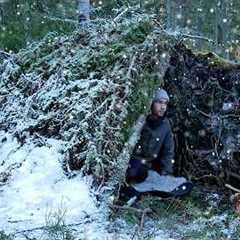 Best WINTER Survival Shelter! Camping Under a Fallen Tree in SNOW