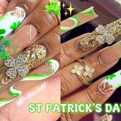 ✨ LUXURY ST PATRICK’S DAY NAILS 🍀💚✨ HOW TO HAND DRAW CLOVERS 🍀 FULL ACRYLIC NAIL TUTORIAL