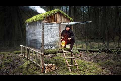 Building a Bushcraft Survival Cabin with a Stove in the Woods | Solo Off-Grid Camping